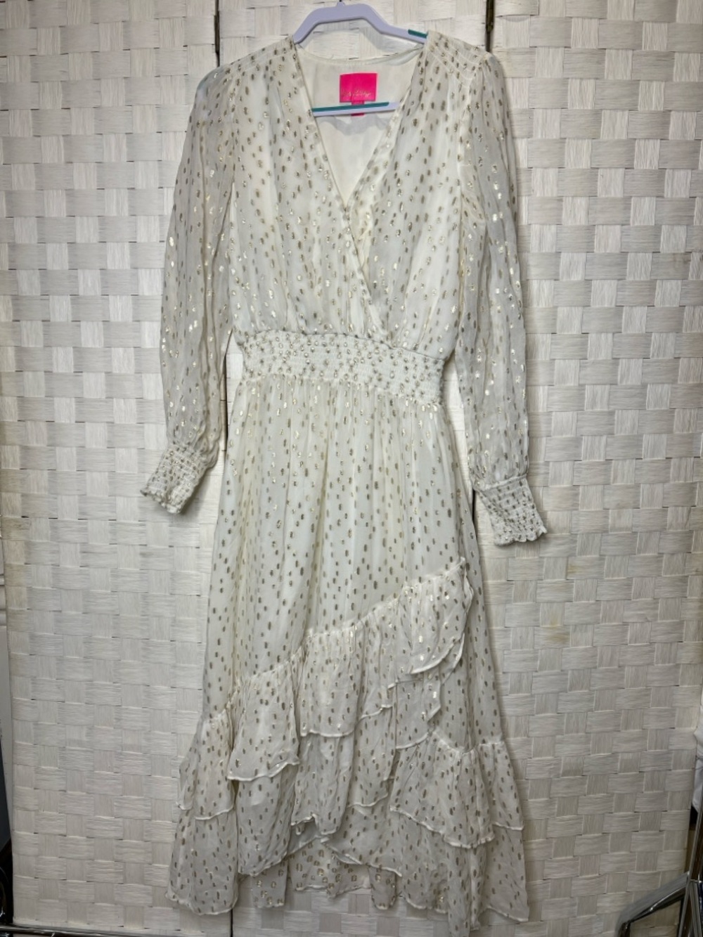 Lilly Pulitzer White Gold Clip Dot Wrap Maxi Dress Ruffle Long Sleeve
